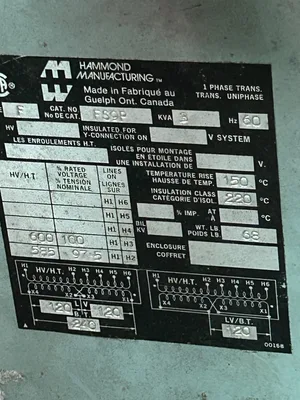 Transformer, Hammond 5kva 600 volt to 120/240 volt 1 phase,